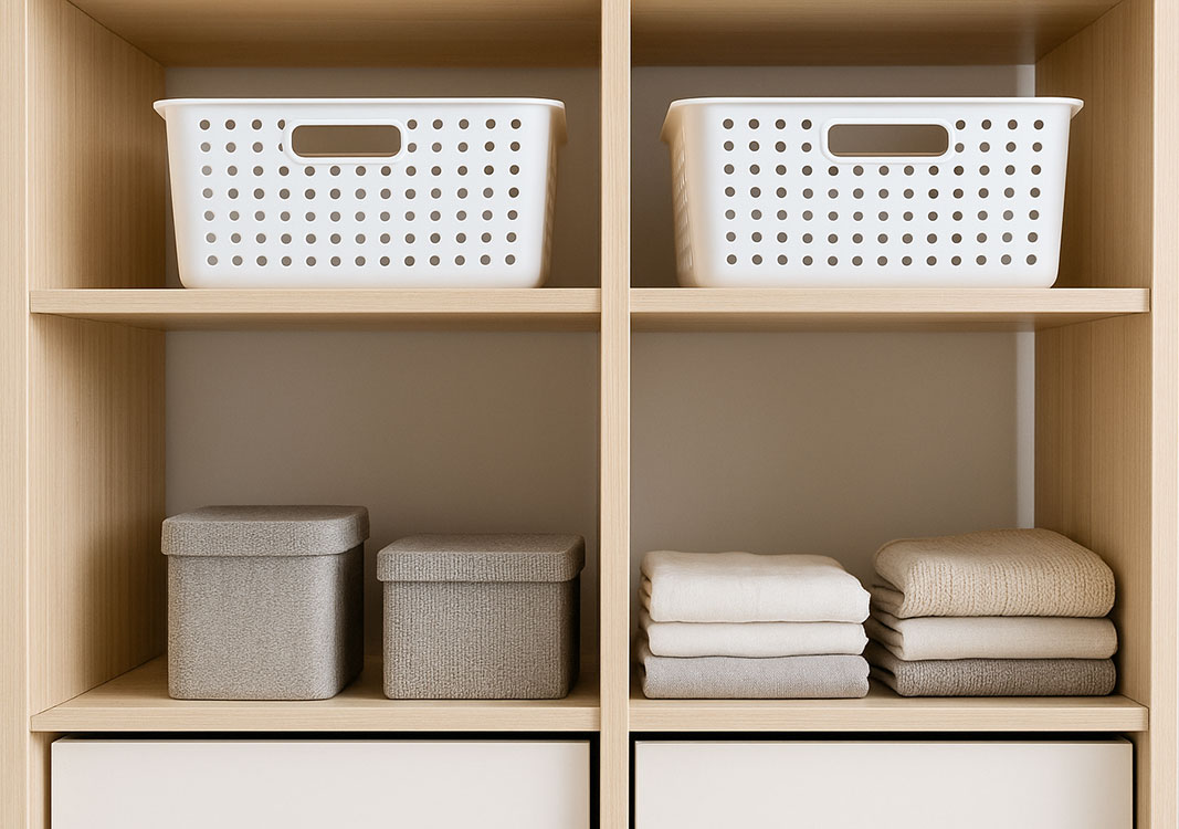 Aufgeräumter Schrank mit Fächern und Boxen nach Kategorien