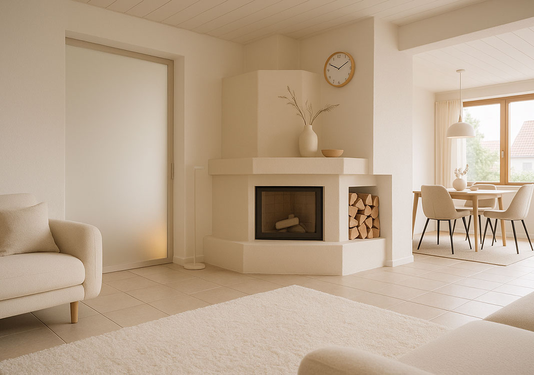 Minimalistisches Wohnzimmer mit Kamin und Esszimmer
